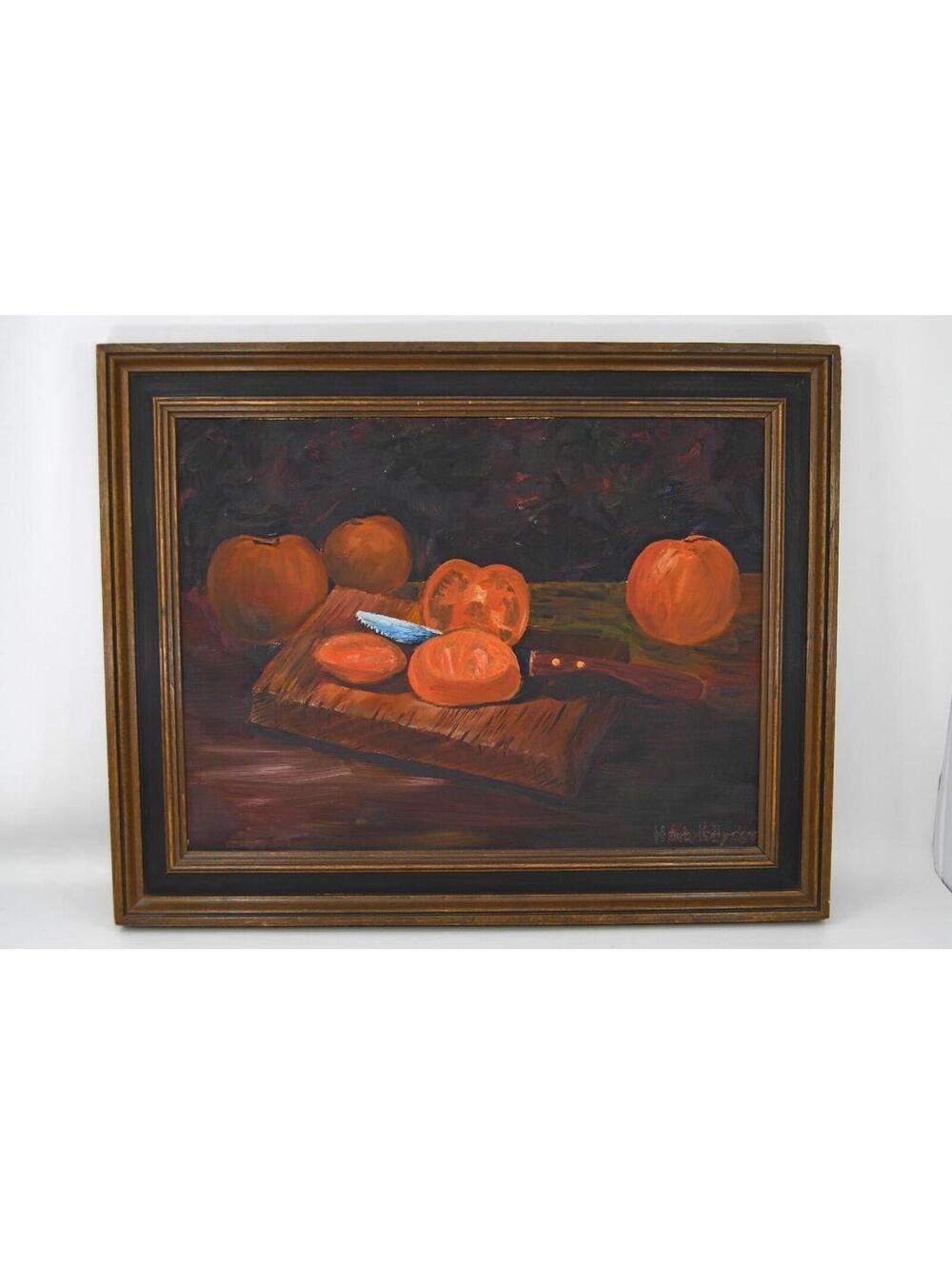Impressionist Still Life Tomatoes Knife Board Dark Moody Original Oil Painting